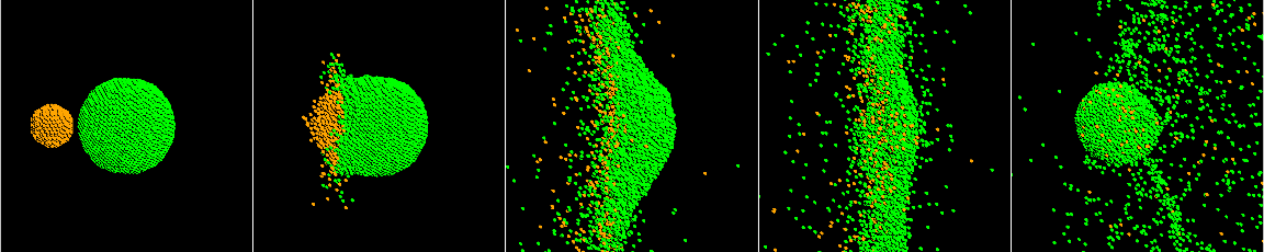 Modeling the fragmentation and reaccumulation of an asteroid (green) during a collision with a smaller body (orange) 