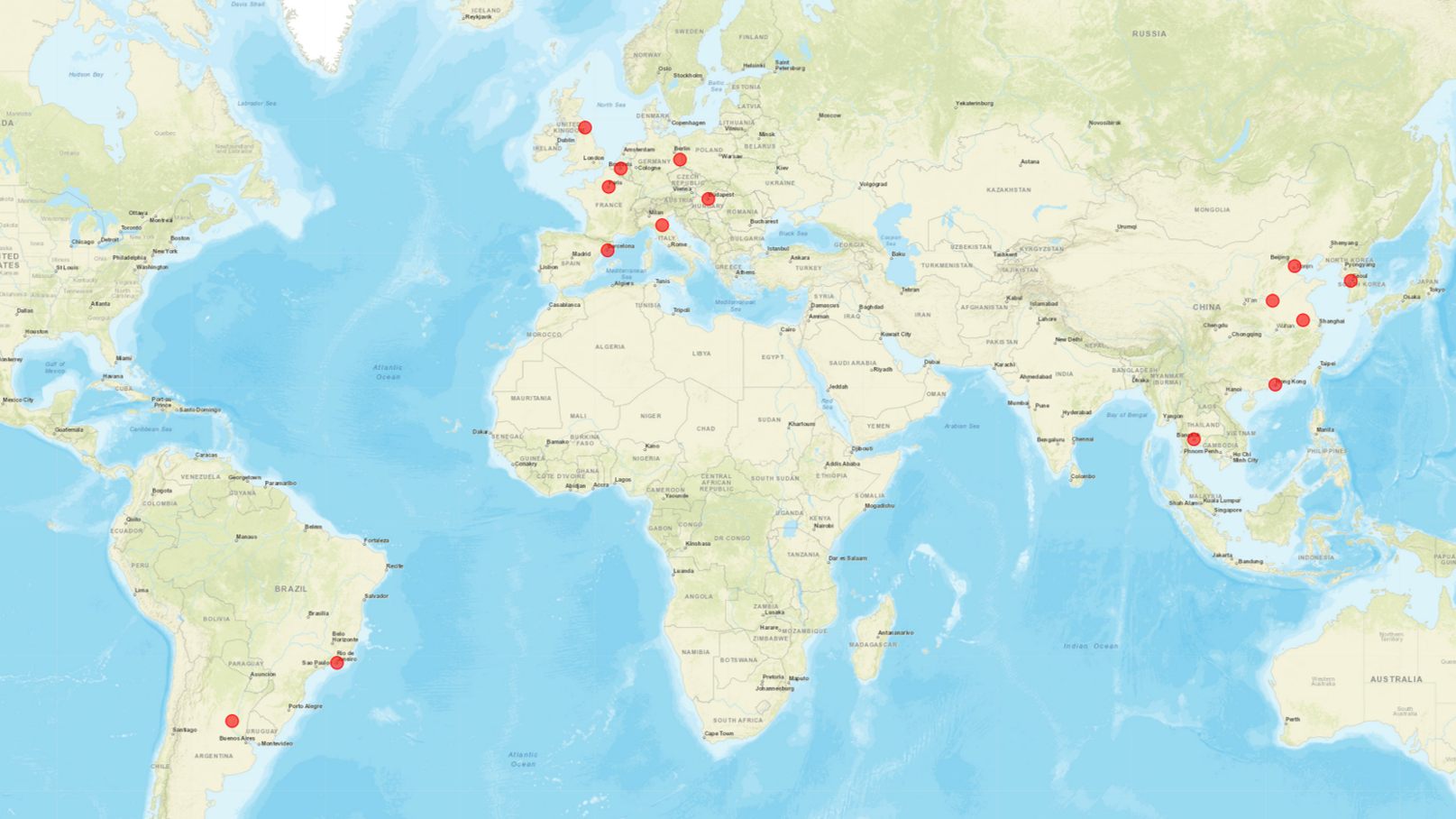 Carte du monde représentant les universités où la formation peut être étudiée