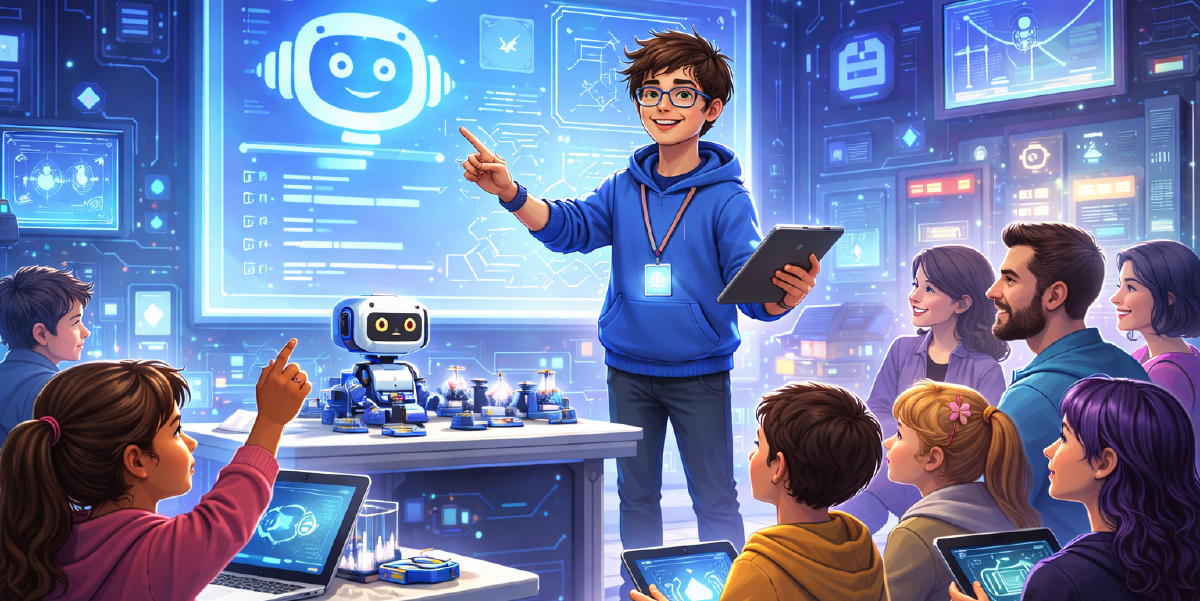 Un jeune médiateur en sciences du numérique devant un public