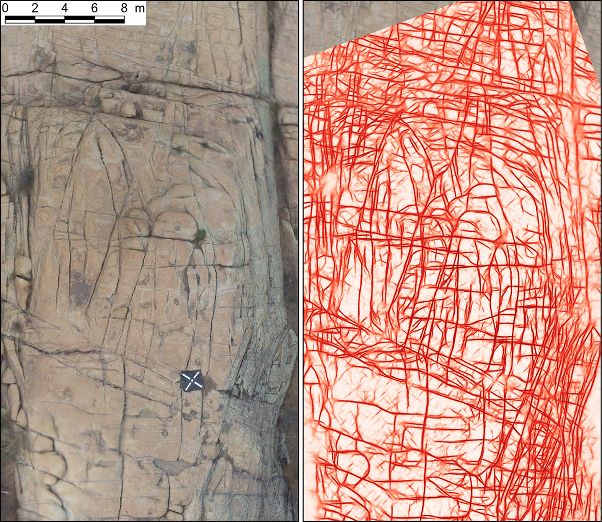 Automated fault identification and mapping with deep learning (L. Mattéo PhD thesis, 2019) (left: raw optical drone image of a network of small natural faults in Arizona, faults as grey lines; right: automatic deep learning mapping faults as red lines)