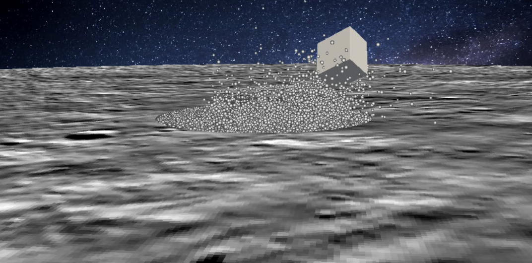 Snapshot of a simulation of impact of a lander (here, the CNES-DLR MASCOT lander on Hayabusa2) on the surface of an asteroid covered with granular matter and the resulting bouncing due to the low-gravity of the surface
