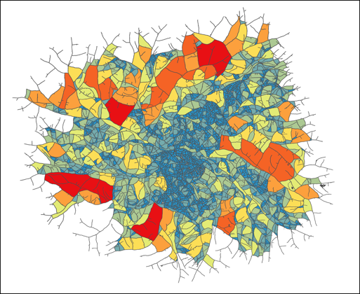 Cartographie d’un réseau de champignon filamenteux. Les couleurs représentent la densité du réseau :  les zones les plus denses apparaissent en bleues puis vert, les zones les moins denses, en jaune, orange, rouge.  L’image correspond à 20h de croissance,