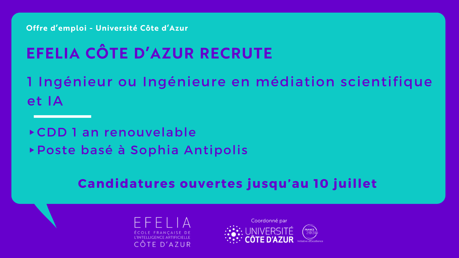 EFELIA Côte d'Aazur recrute 1 Ingénieur ou Ingénieure en médiation scientifique et IA