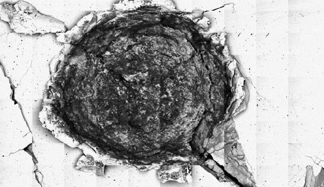 Image au microscope électronique à balayage en électrons rétrodiffusés d’un cratère résultant d’un impact hyper-véloce (5.08 km/s) d’un projectile basaltique sur un morceau de Gibeon, une météorite de fer utilisée pour cible
