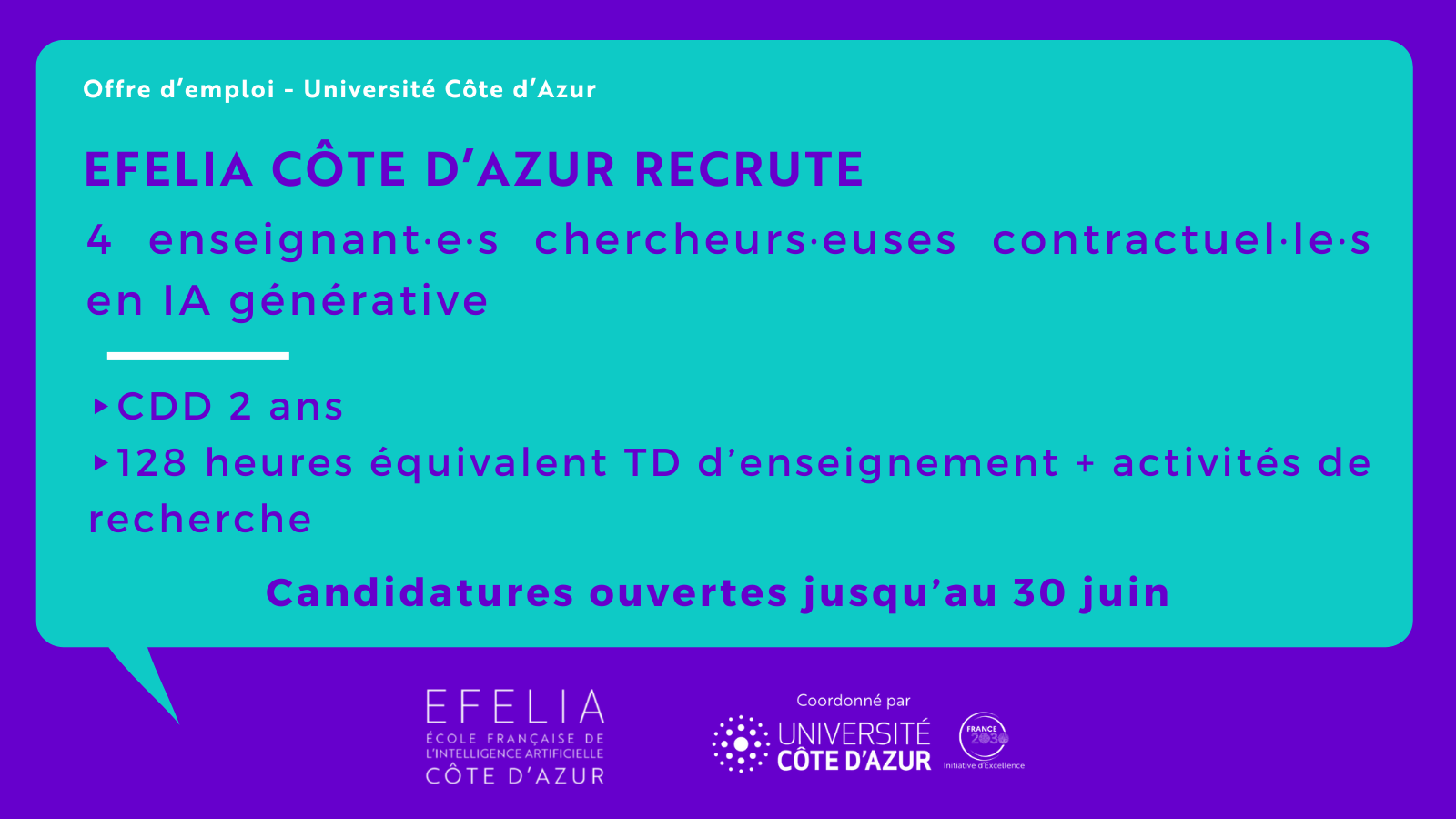 EFELIA Côte d'Aazur recrute 4 Enseignant·e·s contractuel·le·s IA générative