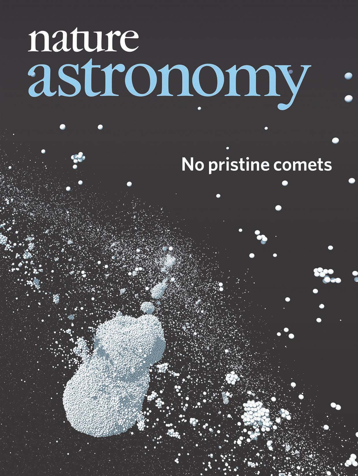 Cover of the journal Nature Astronomy showing the outcome of one of the GRADYN simulations of comet collision and re-accumulation, which reproduces the shape of the comet 67P and explains the formation of comets with two lobes. 