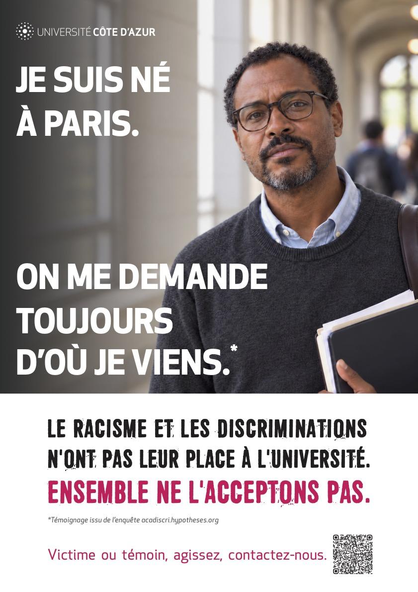 Visuel 1 Campagne de sensibilisation "LE RACISME ET LES DISCRIMINATIONS N'ONT PAS LEUR PLACE À L'UNIVERSITÉ. ENSEMBLE NE L'ACCEPTONS PAS"